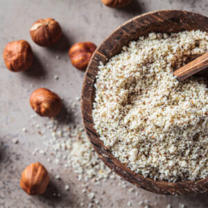 Organic hazelnut powder ideal for gluten-free baking and healthy food applications.