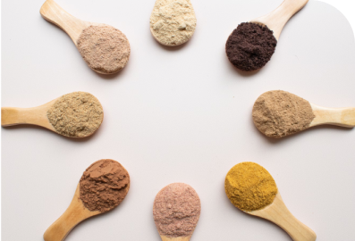 Assortment of plant-based protein powders used for nutritional supplements, natural cosmetics, and functional foods