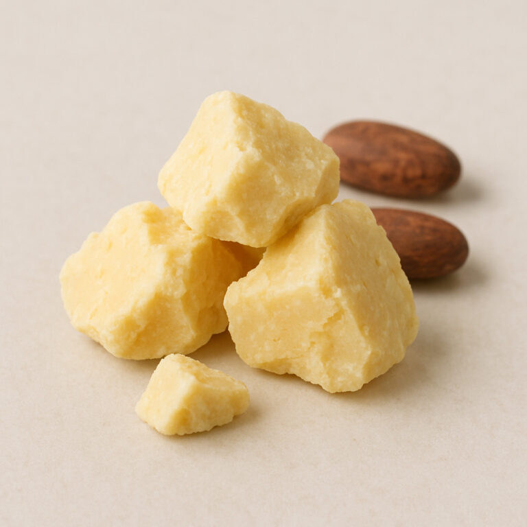 Cocoa butter chunks with cacao beans in the background